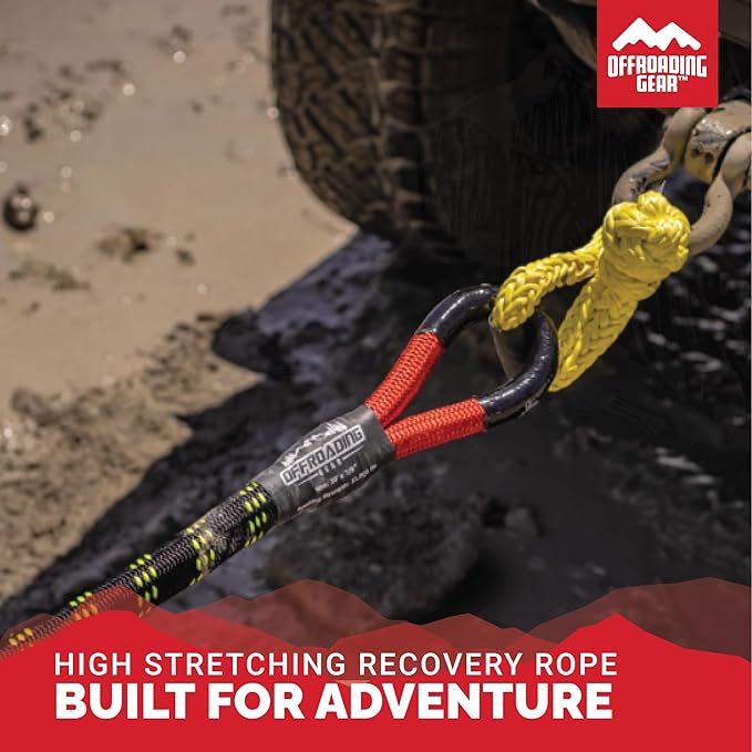 Offroading Gear 4x4 20'x7/8" Kinetic Recovery Rope & Tow Rope Kit| Black (28,600 lbs) | Elastic Snatch Strap | Heavy-Duty Loops | Truck |ATV| UTV| Car| SUV| Etc.