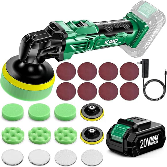 KIMO 20V Cordless Buffer Polisher Kit, 25Pcs Polishing Kit, 6 Speeds to 6000RPM Cordless Polisher with 2000mAh Battery, 4 Inch Buffer Polisher for Car, Motorcycle, Truck Detailing, Scratch Remover
