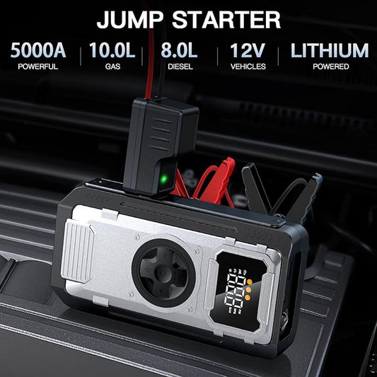5000A Portable Car Jump Starter with Air Compressor, 150PSI Car Battery Jump Starter (10.0L Gas/8.0L Diesel Engines),12V Pack Jump Box with Large Digital Display, Car Emergency Kit