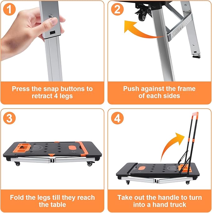 7 in 1 Work Benches Multifunctional Folding Work Table for Garage, Portable Workbench, Sawhorse, Scaffold, Platform, Mobile Workbench, Dolly and Hand Truck with 4 Wheels