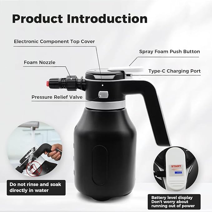 Electric Foam Sprayer,2L Portable Rechargeable Cordless Pressurized Spray Foam Cannon, Easy Clean & Acid Resistant for Car Wash Detailing Garden Black