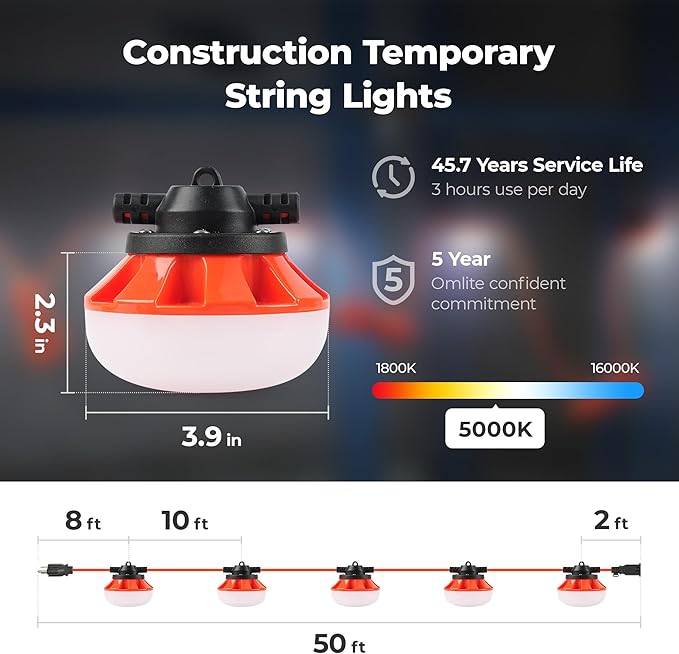 LED Construction String Lights:50w ETL Certified Industrial LED String Work Lights,IP65 Waterproof 18AWG Wire 5000K Super Bright for Attic Jobsite Garage Mine cave,with Hanging Hooks