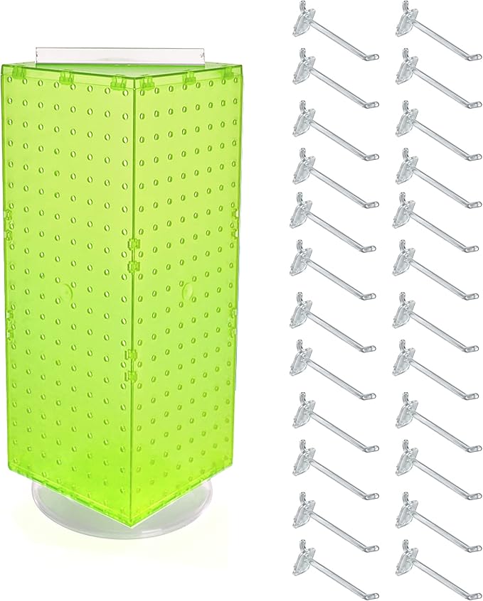 Azar Displays 703385-GRE-4C24, Four-Sided Revolving 8"W x 20"H Pegboard Counter Display w/ 24 Hooks- 4” Length, Green