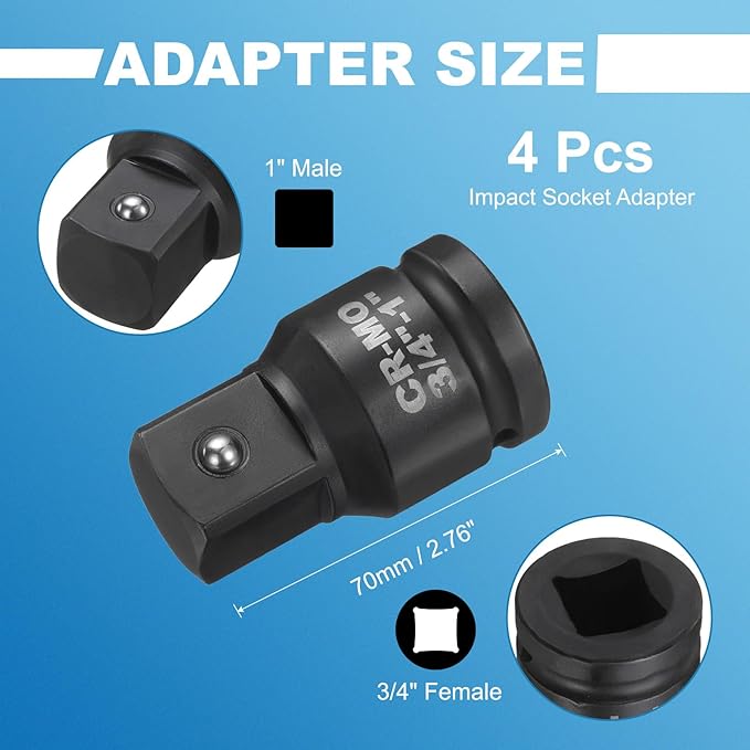 HARFINGTON 4pcs Impact Socket Adapter 3/4" Female to 1" Male Square Drive Increaser Standard SAE CR-MO Steel Converter Impact Driver Ratchet Wrench Breaker Bar Conversion, Black