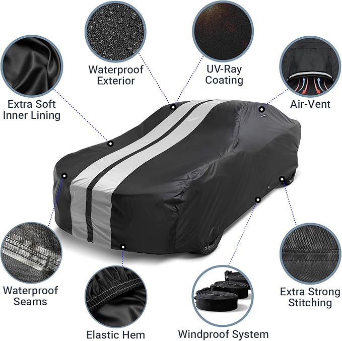 iCarCover Premium Car Cover for 1982-1988 Ford EXP Heavy Duty Waterproof All Weather Automobiles Custom Fit Full Exterior Indoor Outdoor UV Snow Rain Protection Covers (Stripe - Black/Gray)