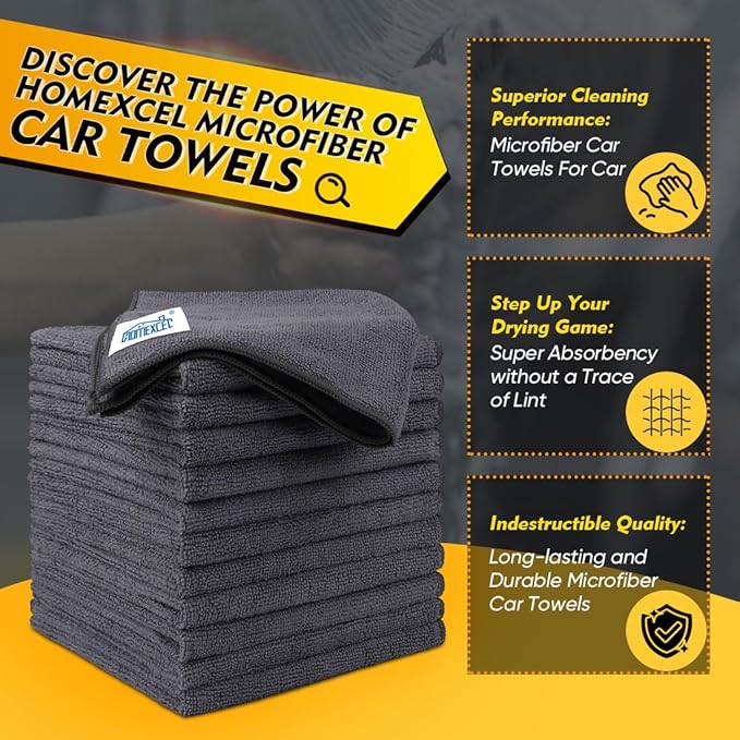 HOMEXCEL Grey Microfiber Cleaning Cloth 50 Pack, 12.5 x 12.5 inch Microfiber Towels for Cars, Ultra Absorbent Car Washing Cloth, Lint Free Streak Free Cleaning Rags for Car, Kitchen, and Window