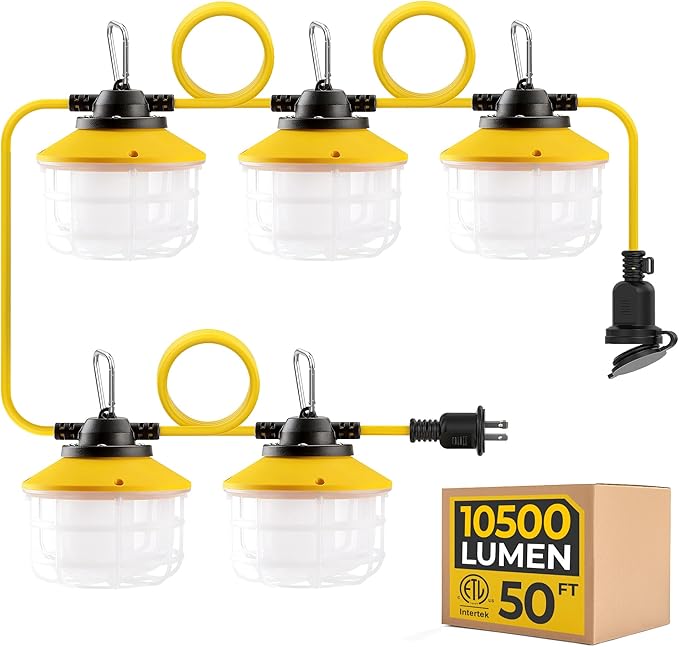 50FT Construction String Lights: 75W Ultra-bright 10500 lumens Linkable ETL Listed 18AWG Wire Industrial Outdoor Temporary Lighting IP65 Waterproof Hanging Led Work Light for Attic Jobsite Garage