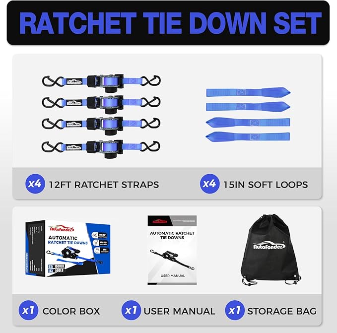 Heavy-Duty Retractable Ratchet Straps (4-Pack) – 1500 lb Break Strength Auto Self-Retracting Tie-Down Straps 1 inch x 12 Feet with Soft Loops, for Truck Motorcycle ATV Cargo Trailer