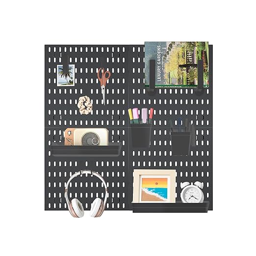 Pegboard Combination Wall Organizer Kit，4 Pegboards & 20 Accessories, Mount Display Pegboard Panel for Home Office, Gaming Room, Wall Storage,Crafts Organization,12''x12'' Each (Black)