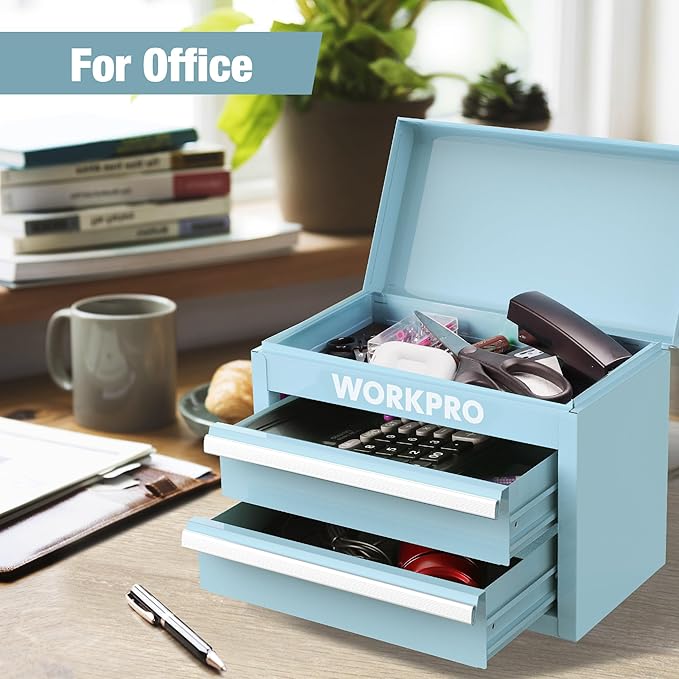 WORKPRO Mini Metal Tool Box with 2 Drawers and Top Storage, Small Tool Chest with PVC Liners and PP Feet Pads, Cold Rolled Steel Toolbox with Magnetic Tab
