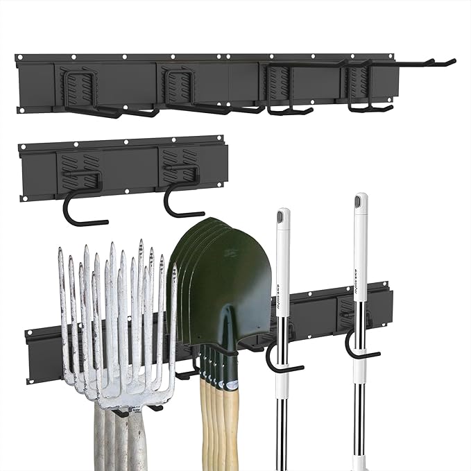 CBWLWJ Garage Tool Organizer Wall Mount, 48 inch Garage Wall Organizer, 400lbs Sturdy Garden Tool Organizer with 6 Adjustable Hooks, for Yard, Shed, Basement, Workshop(Black)