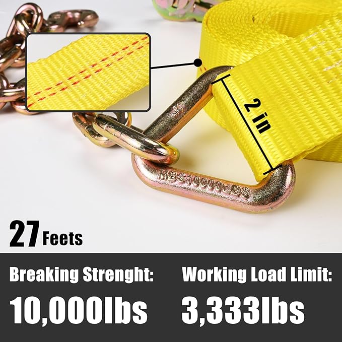 Heavy-Duty Tie Down Ratchet Straps with Chain Ends with Grab Hook, 2‘’ X 27ft, 10,000 lbs Break Strength, Ratchet Strap with Chain Anchors Ideal for Securing Cargo to Flatbed Trailer, 4 Pack