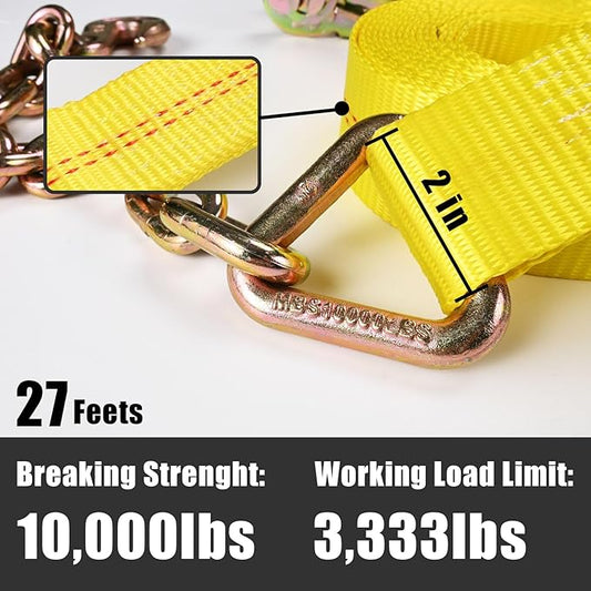 Heavy-Duty Tie Down Ratchet Straps with Chain Ends with Grab Hook, 2‘’ X 27ft, 10,000 lbs Break Strength, Ratchet Strap with Chain Anchors Ideal for Securing Cargo to Flatbed Trailer, 4 Pack