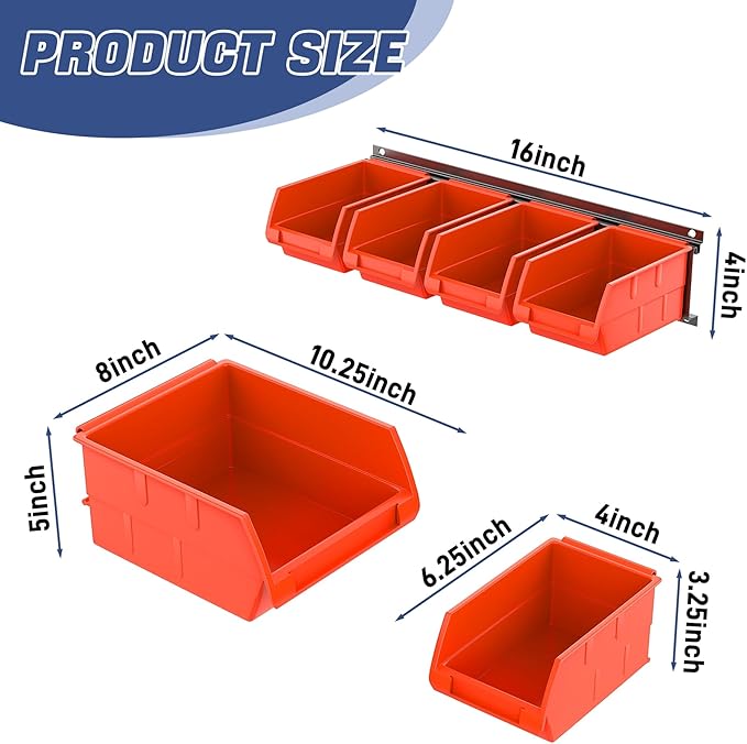 WALMANN Wall Mounted Storage Bins for Small Parts, 10 Bins with 3 Metal Rails, Plastic Bins for Screws, Bolts, Nuts, Craft Room, Workshop, and Garage Wall Storage Bins(Orange-red)