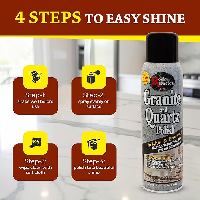 Rock Doctor Granite Polish Spray and Surface,18oz.Can Polish Tile, Marble, Kitchen Countertop, and Natural Stone Surfaces, Streak-Free Shine Pack of 2