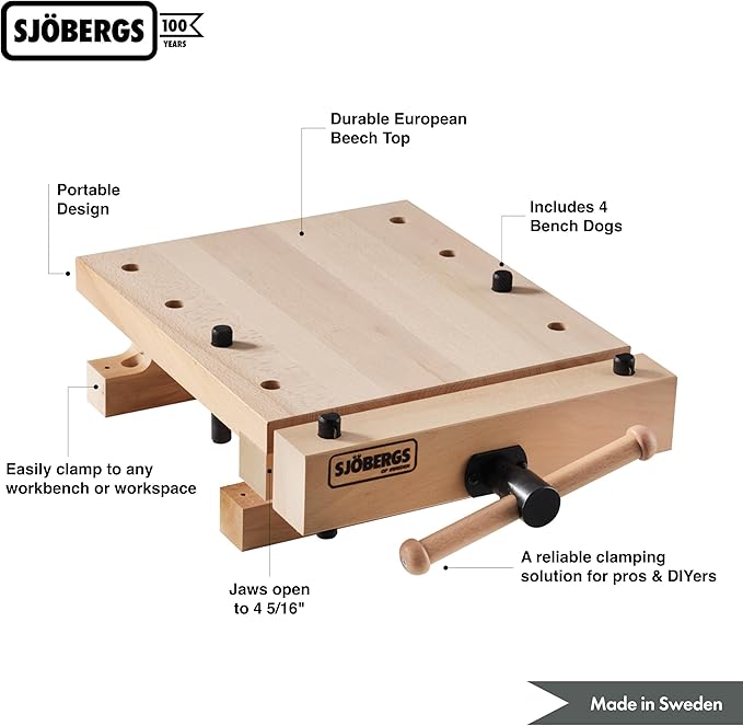 Sjöbergs Smart Workstation Pro Vise Top – Portable 20-7/8" x 14-3/8" Work Surface, Durable European Beech, Versatile Design, SJO-66690K (Smart Workstation Pro Vise Top + Jaw Cushions)