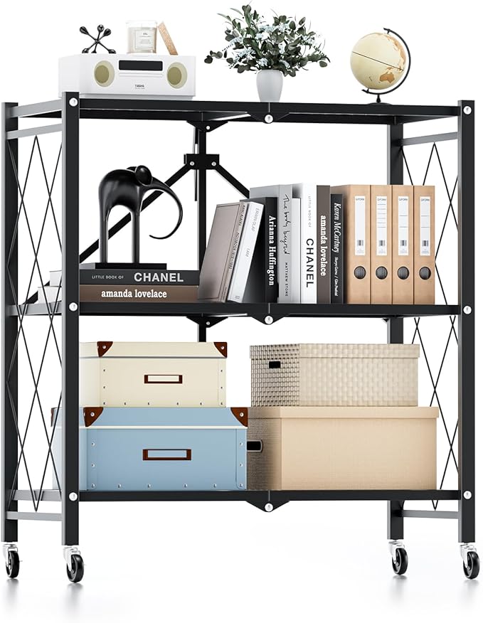 Simple Deluxe 3-Tier Folding Storage Shelves, 27.95" W x 14.96" D x 34.25" H Foldable Shelving Unit, 750 Lbs Loading Capacity, Black