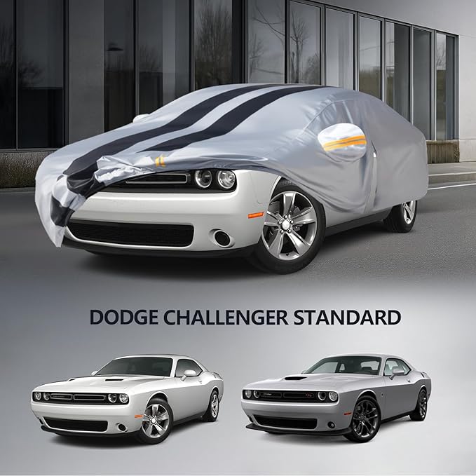 Multi-Layer Car Cover Custom Fit for Dodge Challenger Standard(2011-2023), 100% Waterproof All Weather for Automobiles, Gift with Towel, Heavy Duty Car Covers for Rain Sun UV Protect with Door Zipper