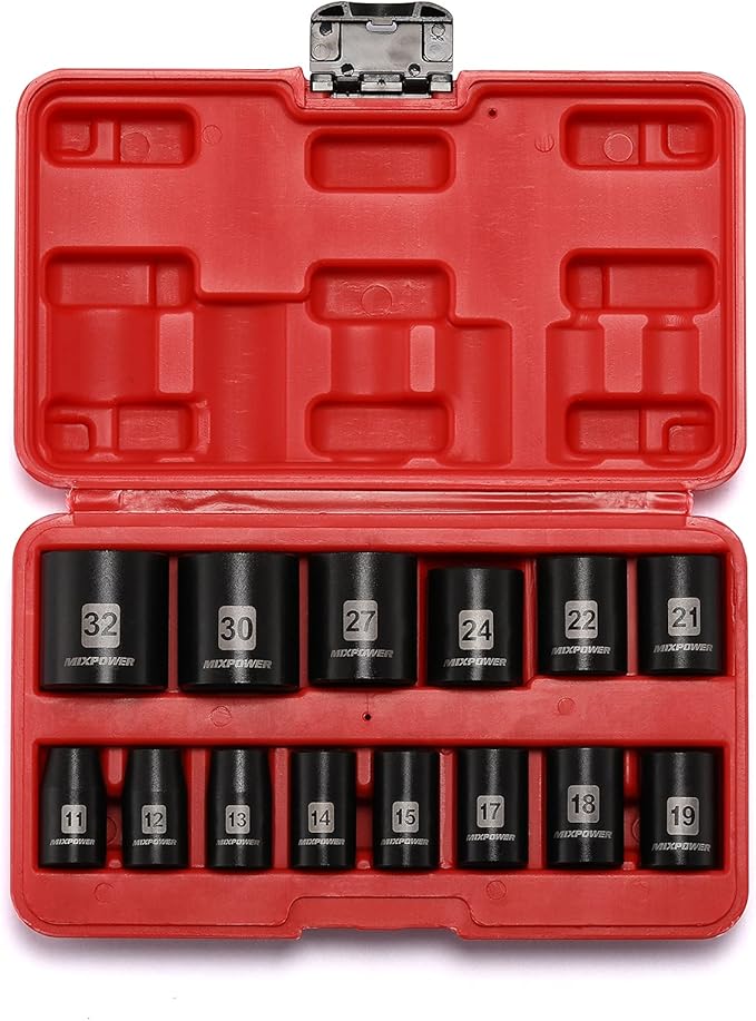 MIXPOWER 14 Pieces 1/2-Inch Drive Shallow Impact Socket Set, 11-32mm, CR-V, Metric, 6 Point, Shallow, 14 Pieces 1/2" Dr. Shallow Socket