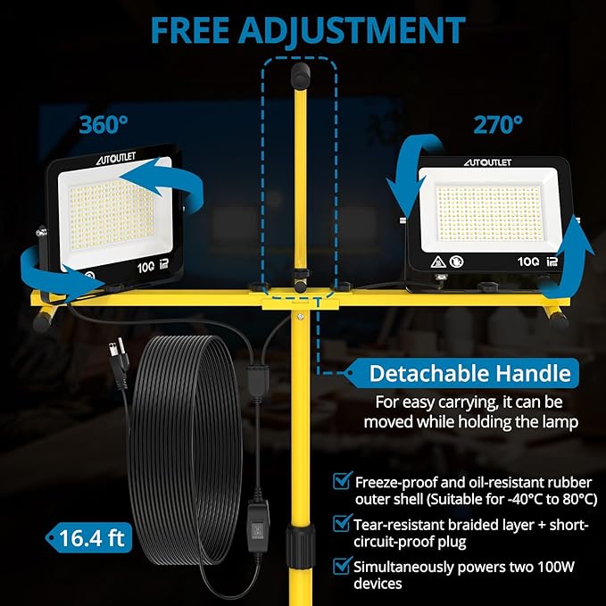 AUTOUTLET 2 Head LED Work Lights with Stand, 19000LM Adjustable Head Tripod Work Light with 16.4ft Cord, 288Pcs LEDs Beads, 3 Color Temperatures, IP66 Waterproof for Garage, Outdoor, Construction