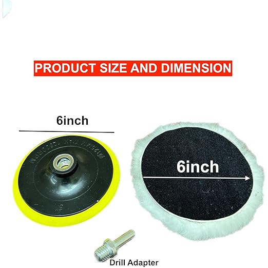Lambswool Polishing Pads Sheepskin Buffing Pads, 7 Piece Set. Includes 5 Lambs Wool Cutting Pads with Hook, 1 Backing Plate and 1 Drill Attachment - Wool Buffs (6 Inch)