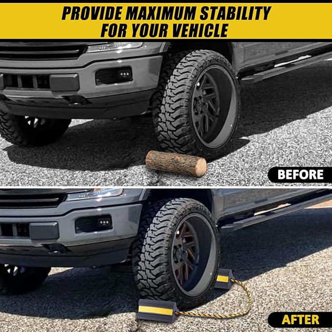 Heavy Duty Wheel Chocks - Wheel Stoppers for Trailer Travel Trailers RV Aircraft Car Camper Truck, Non Slip Rubber Wheel Block with Nylon Rope Yellow Reflective Tape(2 Pair)