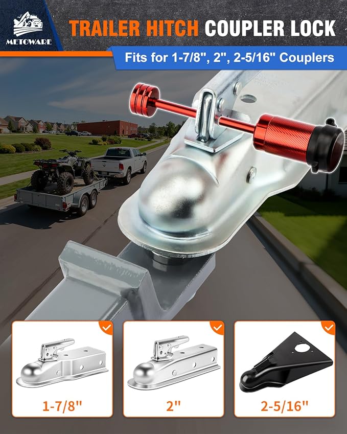 METOWARE Trailer Tongue Coupler Lock 1/4" Dia, 3-1/2" Span, Trailer Hitch Lock for Latch-Type Coupler, Trailer Pin Lock for Towing Trailer RV Car Boat Truck Red(1 Pack)