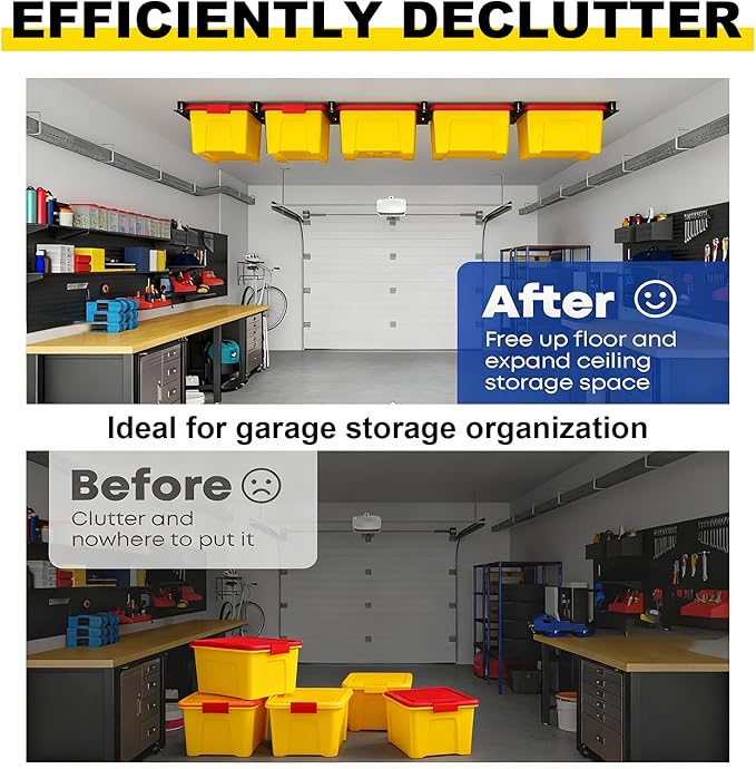 Yuleimy Overhead Garage Storage Rack 6-Pack - Heavy Duty Garage Ceiling Storage Racks for Tote Containers - 17" Adjustable Tote Rack 27 Gallon Storage System, Hanging Bin Ceiling Mount Rails