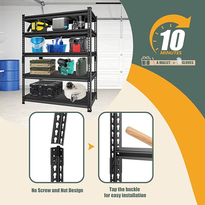 5-Tier Heavy Duty Metal Garage Shelving Unit, 48"W x 24"D x 78"H, 3000 lbs Capacity, Black, Industrial Style