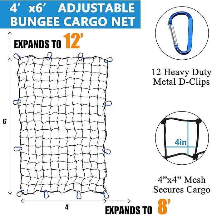 Funmit 4 x 6 Ft Cargo Net for Roof Basket and Pickup Bed, Nice Elasticity Stretches to 8 x 12 Ft with 24 Carabiners, Bungee Cargo Netting Design for Most Car Models