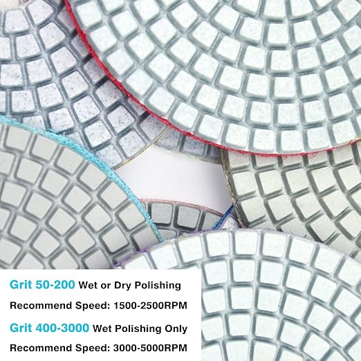 Diamond Polishing Pads 5 Inch with 5/8’’-11 Hook & Loop Backing Pads, 10pcs Wet/Dry Concrete Polish Tools Kit for Drill, Grinder, Polisher, 50-3000 Grit Polishing Set for Marble Granite Quartz Stone
