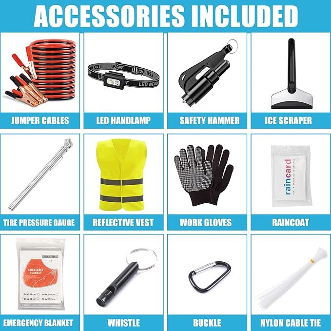 AUTODECO Roadside Emergency Kit Car Safety Kit with Jumper Cables Car Kits for Emergency, Black