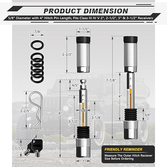 AUTMATCH Trailer Hitch Lock 5/8" - 4" Extra Long Span & Anti-Theft Hitch Locking Pin, Fits Class III IV V 2"-3.5" Receivers, Heavy Duty Towing Lock Pin for Jeep, Trailer, Truck, RV, Bike Rack, Silver