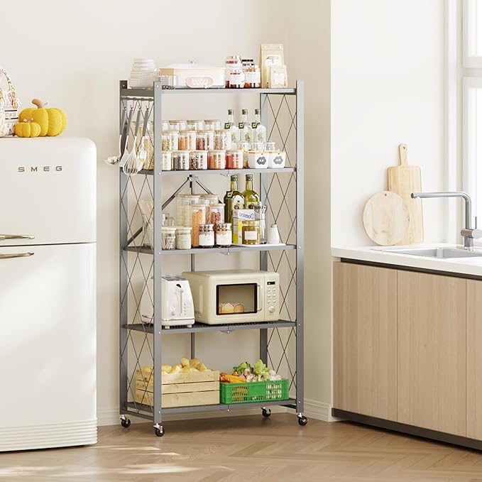 Fenbeli Foldable Storage Shelf 5 Tier, No Assembly Collapsible Shelves with Wheels & Hooks, Heavy Duty Metal Shelving Unit, Rolling Storage Rack Organizer for Kitchen Pantry Garage Small Spaces