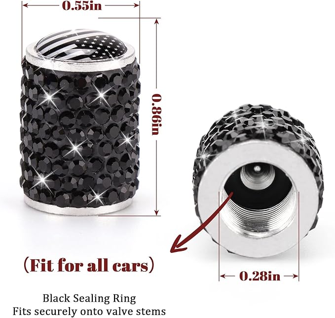 ToBeQueen Bling Black Flag Valve Stem Covers, 4 Pack Handmade Crystal Rhinestone Diamond Tire Caps Universal Dustprood Bling Flag car Accessories for Car/SUV/Motorcycle/Bike(Black American Flag)