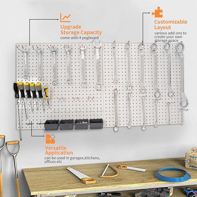 Peg Board for Wall 48x24 inch with 63 Pcs Hooks Accessories, Garage Storage Pegboard Wall Organizer, Metal Pegboard Panels with Hooks, Modular Mounted Control Peg Board Tool Organization (White)
