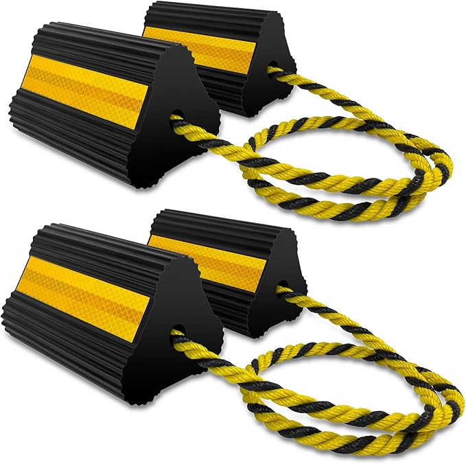 HOXWELL Wheel Chocks (2pair/4pack with Rope) for RV Trailer Camper Truck Car Aircraft, Versatile Heavy Duty Rubber Wheel Chocks Block with 3 Reflective Strips, Tire Wheel Immobilizers & Chocks