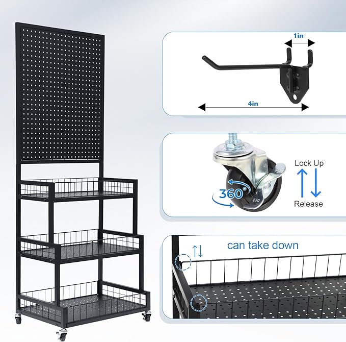 NectaCol Pegboard Panels, 3-Tiers Metal Pegboard Display Stand with Peg Board Panel, Standing Pegboard Display Rack, Craft Show Display, Art Display and Retail Display Stand with 10 Hooks - Black