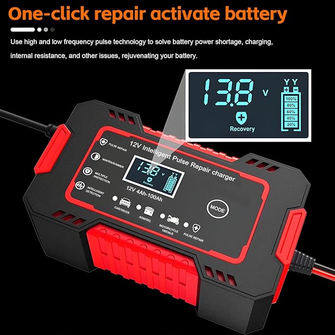 Mandark Car Battery Charger, 12V 6A Smart Fully Automotive Battery Trickle Charger, Portable Vehicle Battery Maintainer Desulfator with Temperature Compensation, Universal for SUV RV Truck (Red)