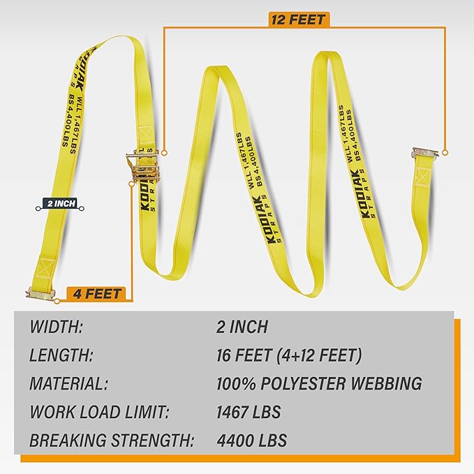 8 Pack E-Track Ratchet Straps 2" x 16' x 4,400 lbs Strength for Cargo Tie Down in Enclosed Trailer & Van by KODIAK STRAPS