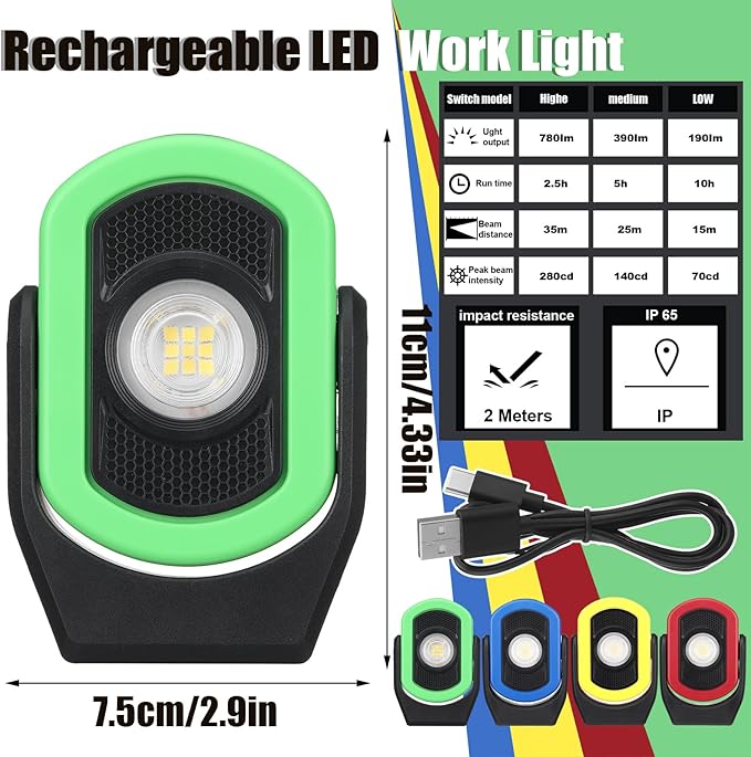 Retisee 4 Pack 780 Lumens Magnetic Work Light USB Rechargeable LED Flashlight Portable Inspection Light for Car Repair Emergency Lighting Mechanics Workshop (Red,Yellow,Blue,Green-4PK)