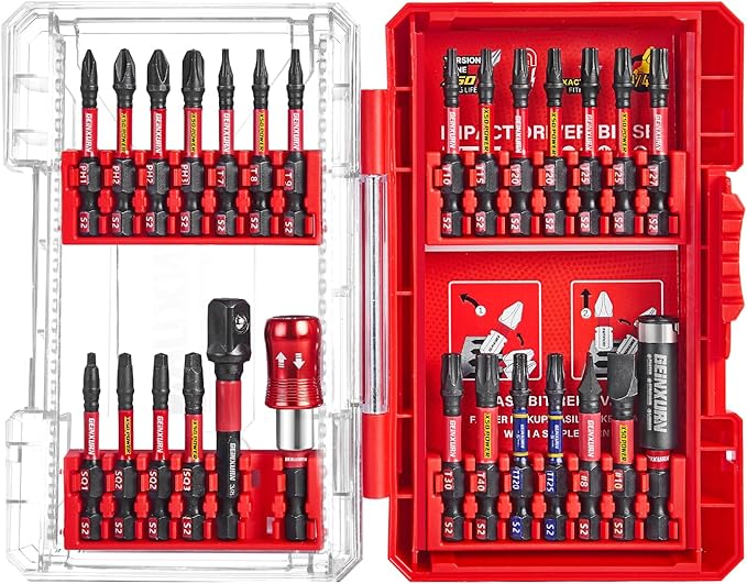 Geinxurn 27Pieces Impact Screwdriver Bits Set, Magnetic S2 Steel Phillips/Slotted/Square/Torx Insert Power Bits Tips, Impact Bit Holder and Impact Socket Adapte with Pink Storage Box Case