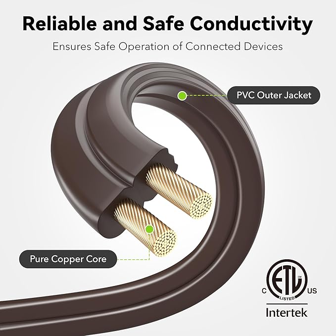 BN-LINK 6ft Indoor Extension Cord, 2 Pack, 3-Outlet Polarized Flat Cable, Household Power Cord for Home, Office, and Holiday Decorations, Brown