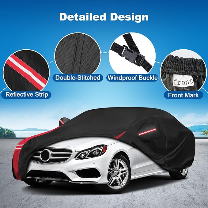 QUNSUNUS 6 Layer Car Cover for Mercedes Benz E-Class Sedan 2006-2025 Waterproof All Weather 420D Windproof for Mercedes Benz E 350 Car Cover Hail Protection with Zipper