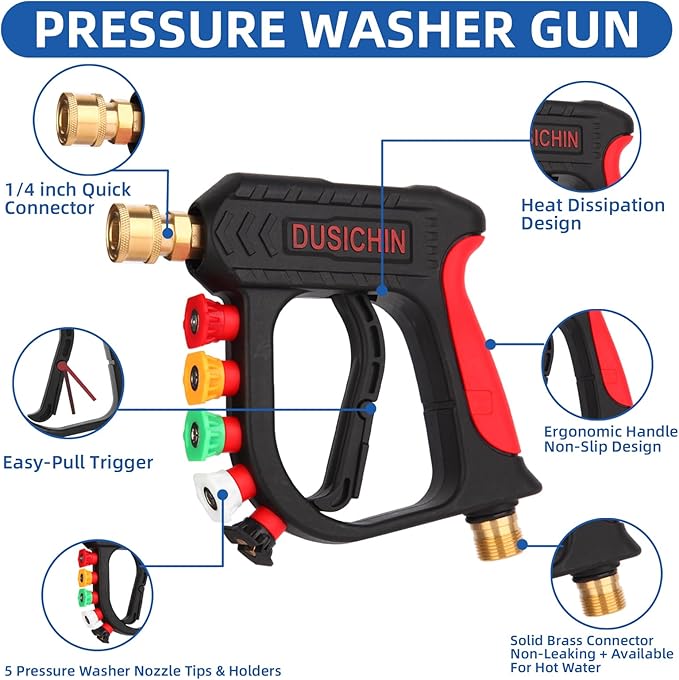 DUSICHIN Pressure Washer Short Gun Foam Cannon 1/4" Quick Connector,Car Wash Foam Gun Kit Dual Connector Accessory,Double Tip Attachment For Soap Cannon with 5 Nozzle Tips DUS2501