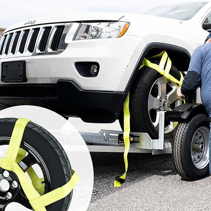 Set of 2 Tow Dolly Straps with Flat Hook, Yellow Basket Strap, Fits Most 16-20" Tires Webbing Ratchet Straps 10000 lbs Breaking Strength