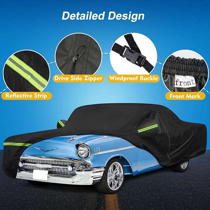 QUNSUNUS Waterproof Car Cover for Chevrolet Bel Air/150/210 1950-1957 Sedan/Coupe/Hardtop, All Weather Outdoor Car Covers with Zipper, Straps and Elastic Edge