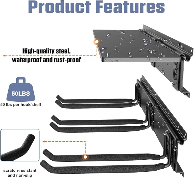 WALMANN Wall Mounted Garden Tool Rack with Shelves for Garage, Heavy Duty Folding Chair Hangers, 11-Inch Tool Storage Hooks for Shovels, Rakes, Ladders(Tool Rack with Shelf)