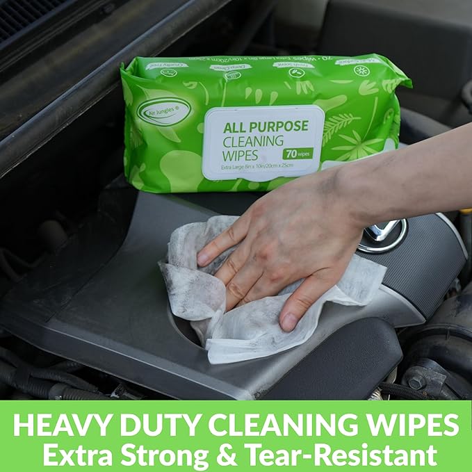 Air Jungles All Purpose Cleaning Wipes for Car and Home 70 Count (Pack of 2), Extra Large 8" x 10" Heavy Duty for Car Interior Vinyl, Kitchen, Bathroom, Countertop, Furniture, Tool - Non-Toxic
