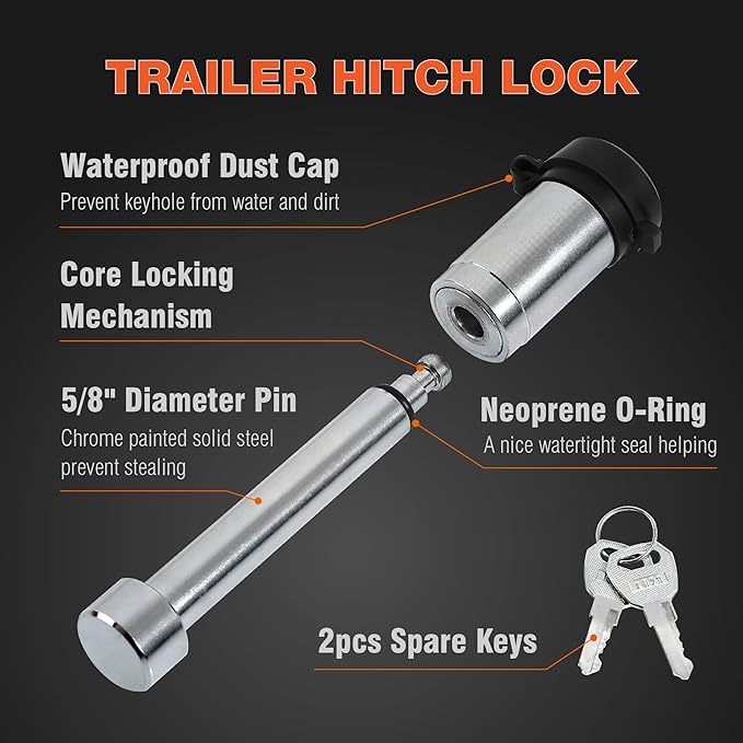 Big RED 2 Pack Hitch Lock Pin, 5/8 Inch Trailer Receiver Locking Pin for 2"/2.5" Receiver, Hitch Locks with Keys for Car, Truck and Tow,Class Ⅴ